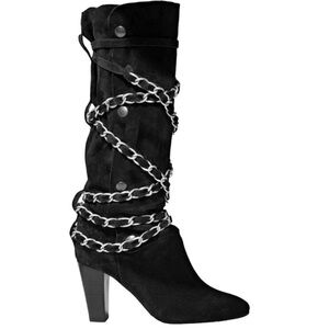 Black Suede Chain-Embellished Boots